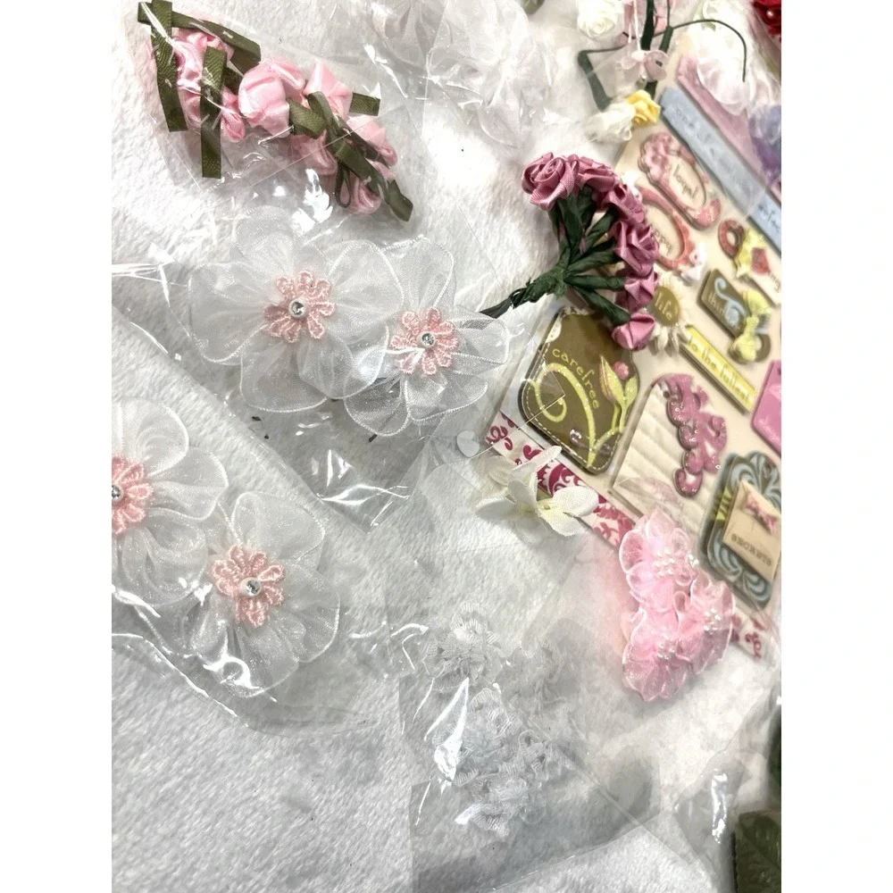 Craft Lot Floral Embellishments Roses Leaves Lace Scrapbooking Cardmaking Mixed